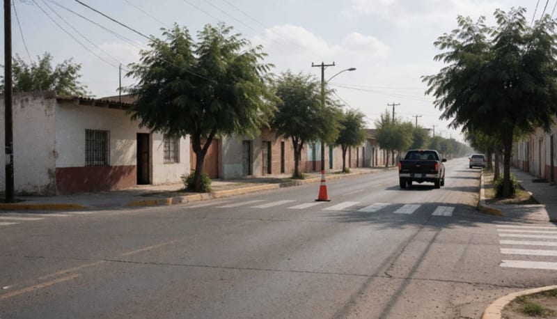 Cruce de calles de un pueblo del norte de México con una camioneta negra alejándose a lo lejos por la mañana
