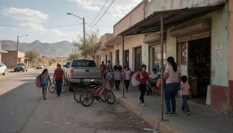 Familias caminando por una calle comercial de un municipio del norte de México con niños y mochilas escolares