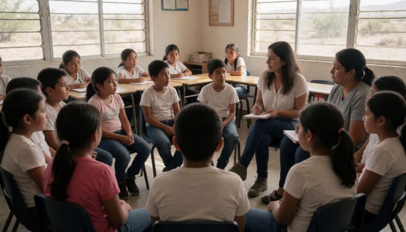 Estudiantes y maestros en círculo conversando durante una actividad de educación positiva en un aula escolar
