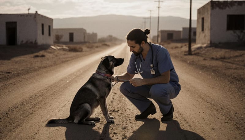 Veterinario atiende a un perro callejero en una camioneta sobre una carretera rural del municipio