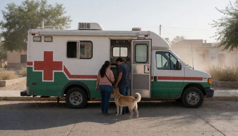 Clínica móvil veterinaria estacionada en una plaza de pueblo desértico, con familias acercándose con sus mascotas
