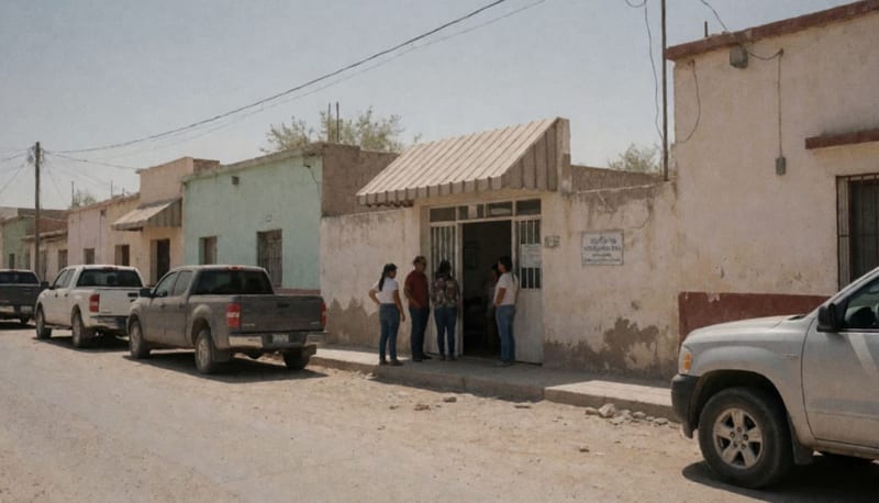 Puerta de un centro de salud en un municipio del norte de Chihuahua, con personas esperando afuera bajo un toldo