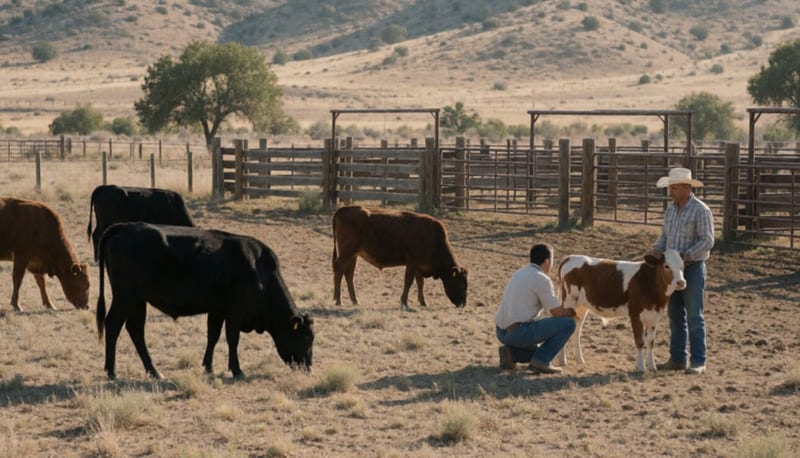 Veterinario atiende ganado en un rancho rural del municipio, con corrales de madera y cerros áridos de fondo