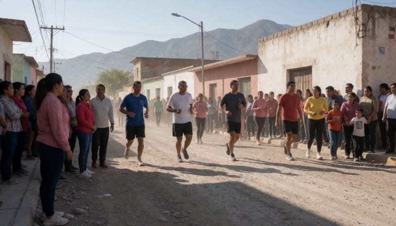 Participantes y familias reunidos en la avenida principal de un pueblo norteño para una carrera deportiva