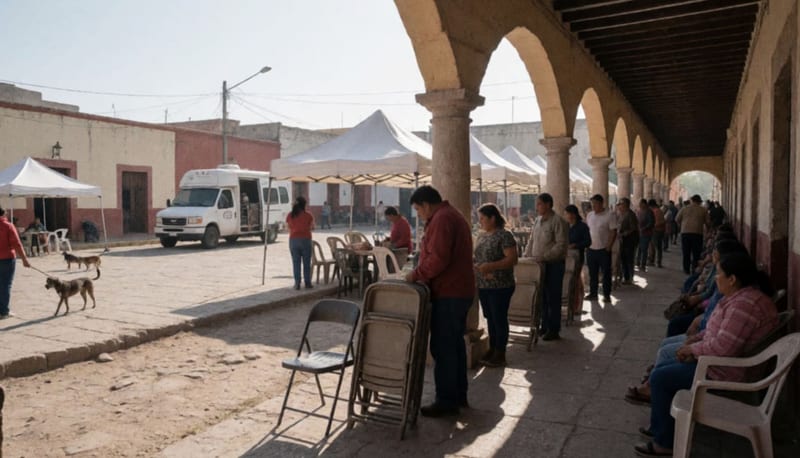 Vecinos esperando bajo los portales de una plaza de pueblo, con toldos blancos, sillas de plástico y personas con perros en una mañana soleada