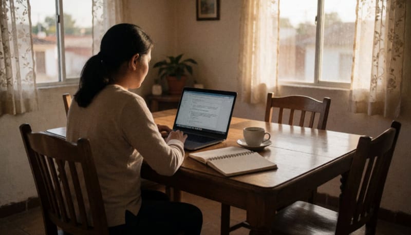 Mujer sentada en una mesa de madera frente a una laptop con una libreta y una taza de café