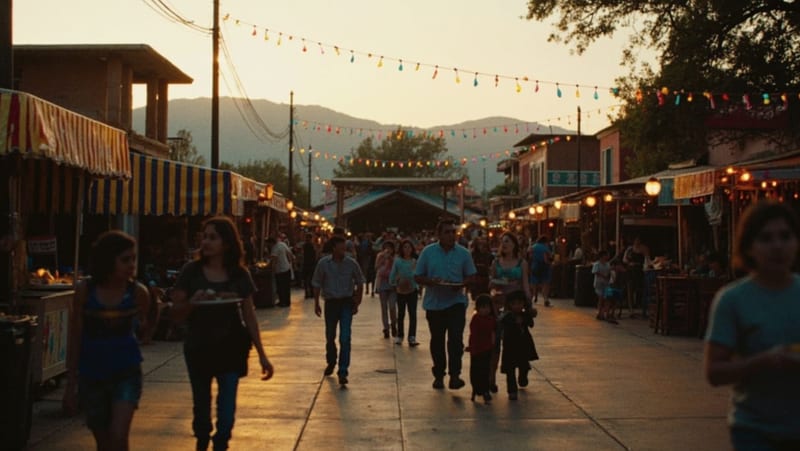Familias recorren puestos de comida en una plaza de pueblo al atardecer, con luces decorativas y el escenario de fondo