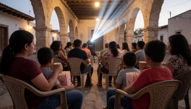 Familias sentadas en sillas de plástico bajo un portal de arcos al atardecer, con niños comiendo palomitas frente a un haz de luz