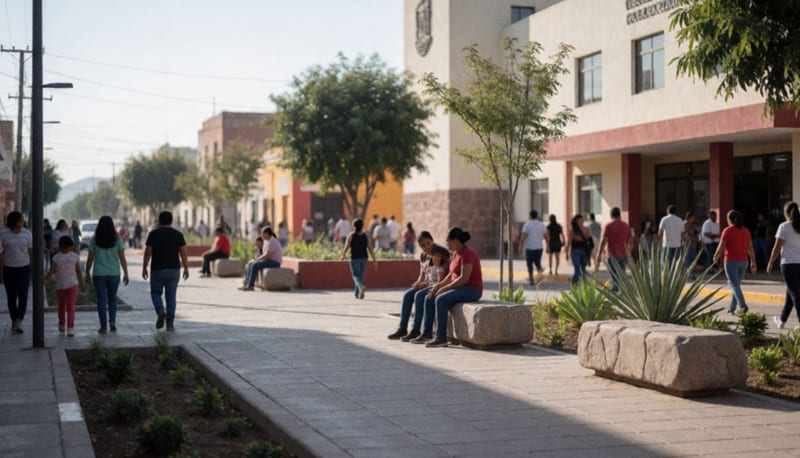Plaza pública renovada de un municipio norteño con familias caminando por pasillos modernos