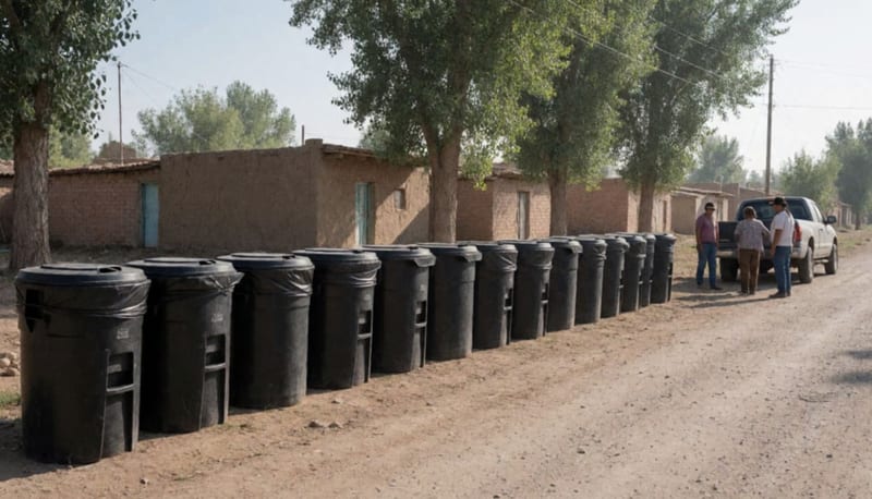 Hilera de tambos negros de plástico a la orilla de un camino de terracería en una comunidad rural con casas bajas