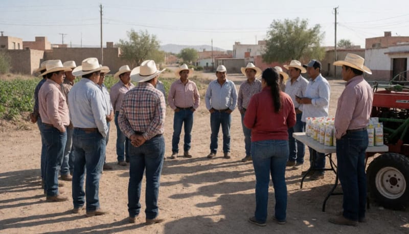 Empresarios y productores de la región escuchan orientación durante una jornada de capacitación en zona agrícola