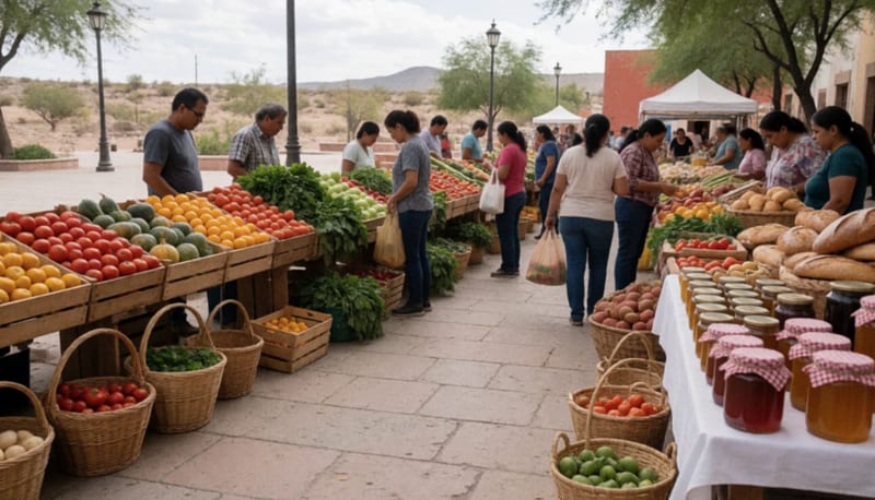 Puestos de productores locales con frutas, verduras y artesanías en una plaza desértica