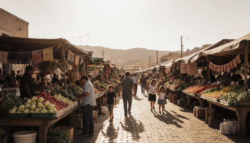Familias comprando productos en puestos de vendedores locales en una plaza al aire libre del desierto