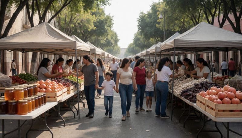 Familias recorren puestos con granadas, nopales, miel y chiles secos bajo toldos lisos en una plaza arbolada por la mañana