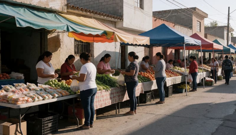 Familias comprando productos en mesas de mercado al aire libre en una colonia de Delicias