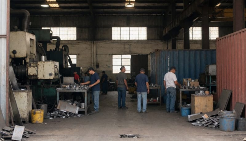Interior de una planta manufacturera con maquinaria industrial y contenedores de carga en un almacén