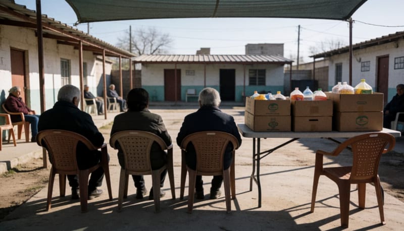 Patio de un centro comunitario con sillas, cajas de despensa sobre una mesa y personas mayores esperando de espaldas