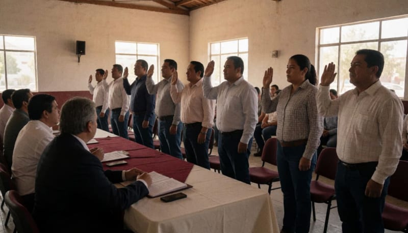 Grupo de personas durante una ceremonia de toma de protesta en un salón cívico