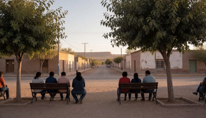 Personas conversando en bancas de una plaza de pueblo bajo los árboles al atardecer, con cerros al fondo