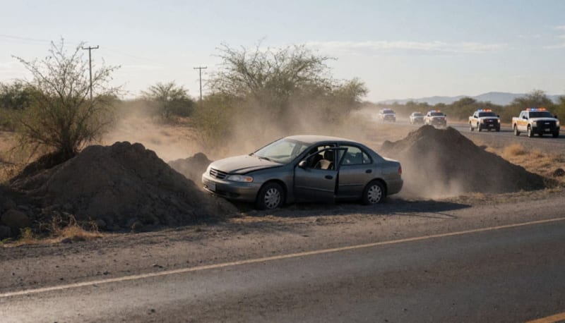 Automóvil gris dañado reposando entre matorrales y elevaciones de tierra a un costado de la carretera Federal