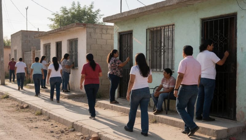 Activistas del PAN recorriendo una calle residencial de Camargo mientras hablan con ciudadanos en sus viviendas
