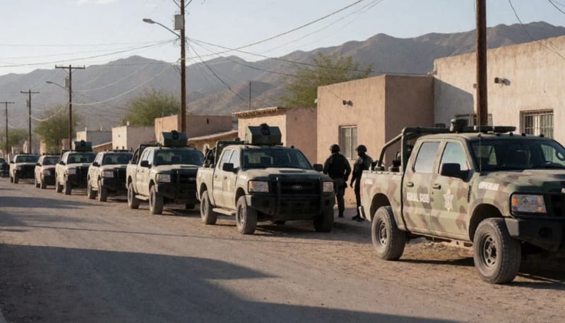 Operativo de militares y Guardia Nacional en una calle del desierto fronterizo de Chihuahua