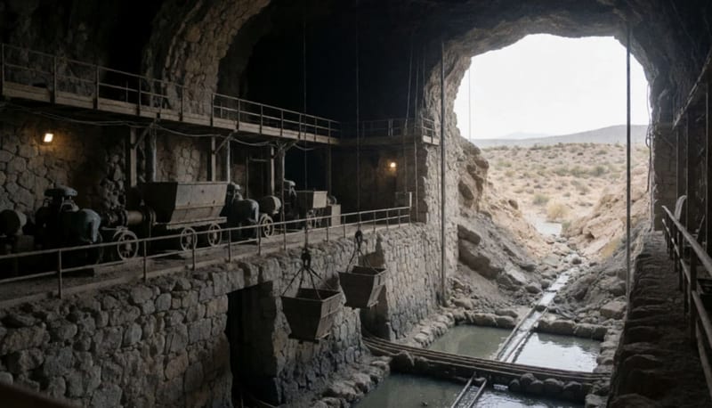 Interior de una mina subterránea con sistemas de bombeo y tuberías para extracción de agua
