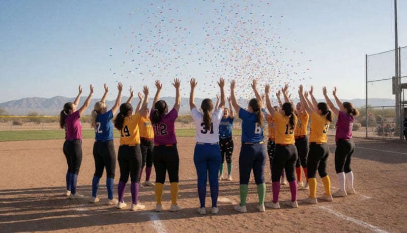 Jugadoras celebrando sobre el diamante de softbol bajo el sol de Parral