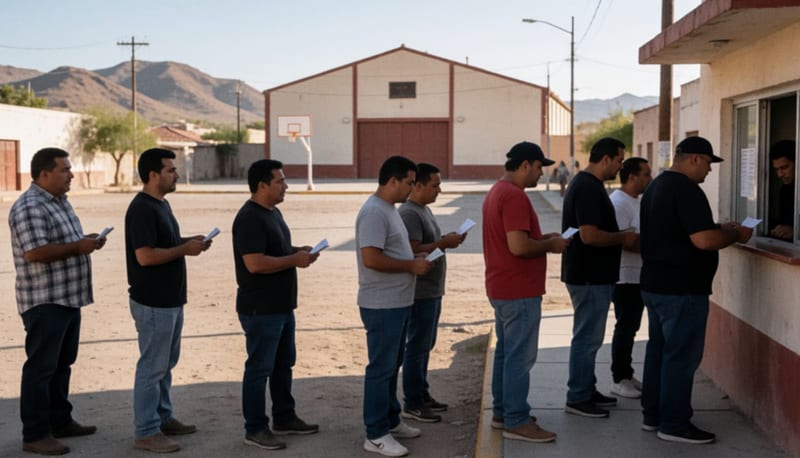 Aficionados comprando boletos en preventa bajo el sol de la tarde en Parral