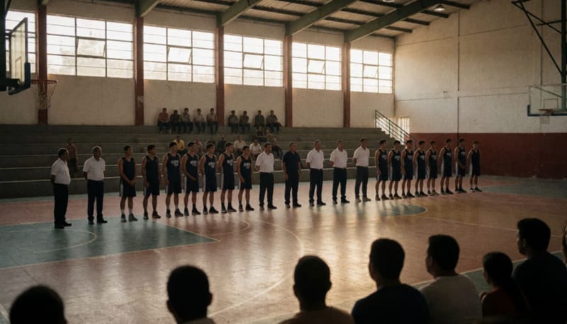 Equipo de Mineros de Parral posando en la cancha del Gimnasio Auditorio Municipal durante la presentación oficial