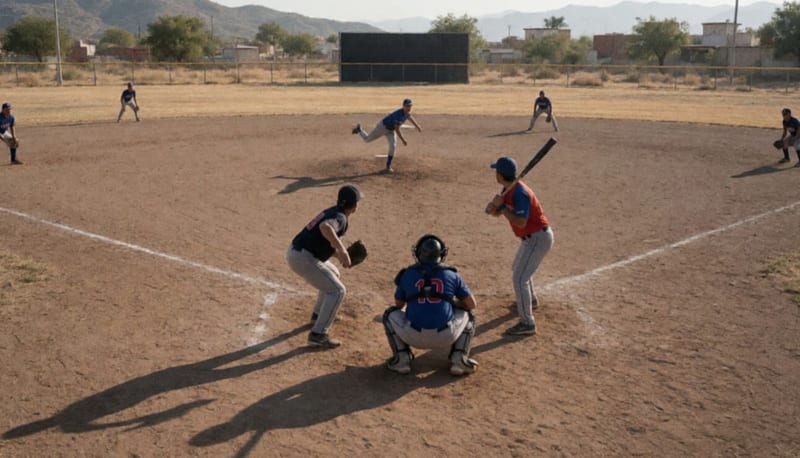 Juego de béisbol en un diamante de tierra con lanzador en el montículo y acción en el cuadro