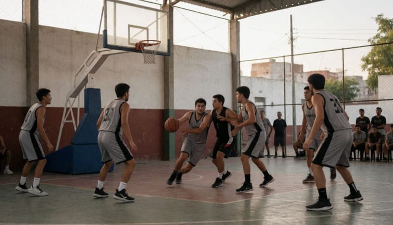 Jugadores en acción disputando el balón durante un partido de baloncesto en una cancha cerrada