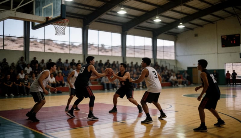 Jugadores de basquetbol en acción sobre la cancha del Gimnasio Auditorio Municipal durante un partido nocturno