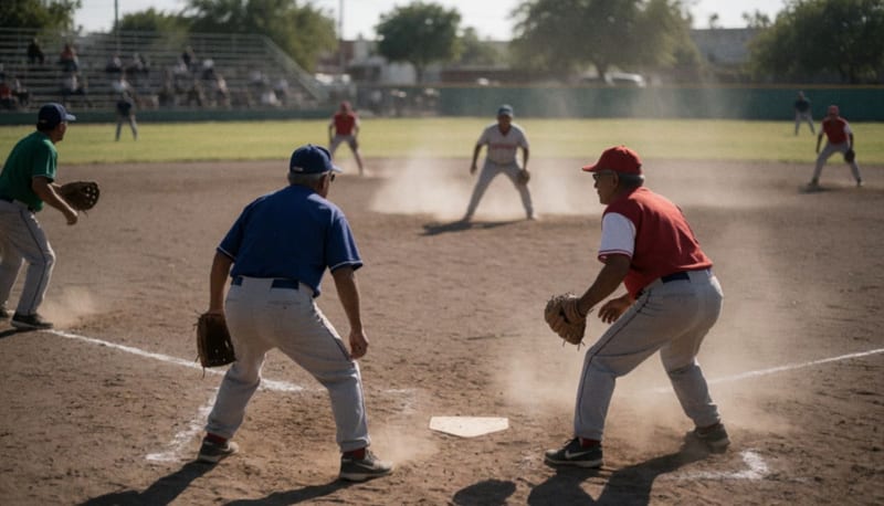 Jugadores de béisbol máster en acción durante un partido en la cancha, con polvo levantado en las bases