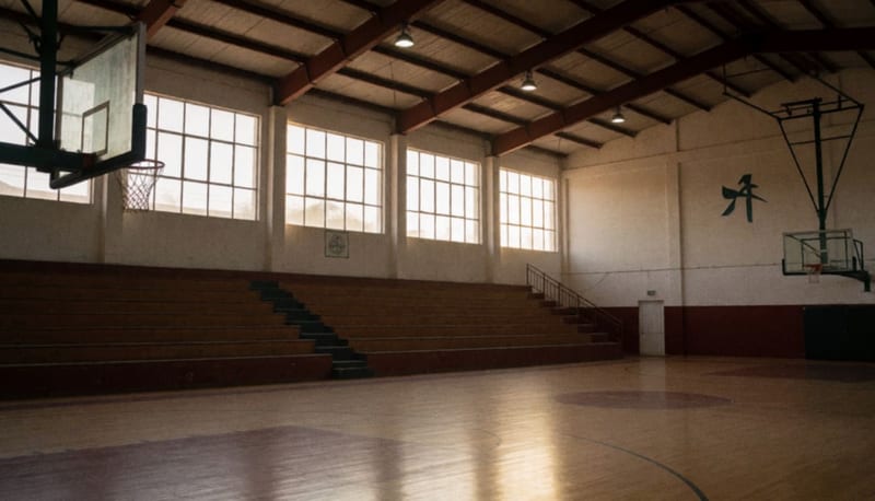 Interior de un gimnasio con canchas de basquetbol y gradas vacías listos para recibir afición