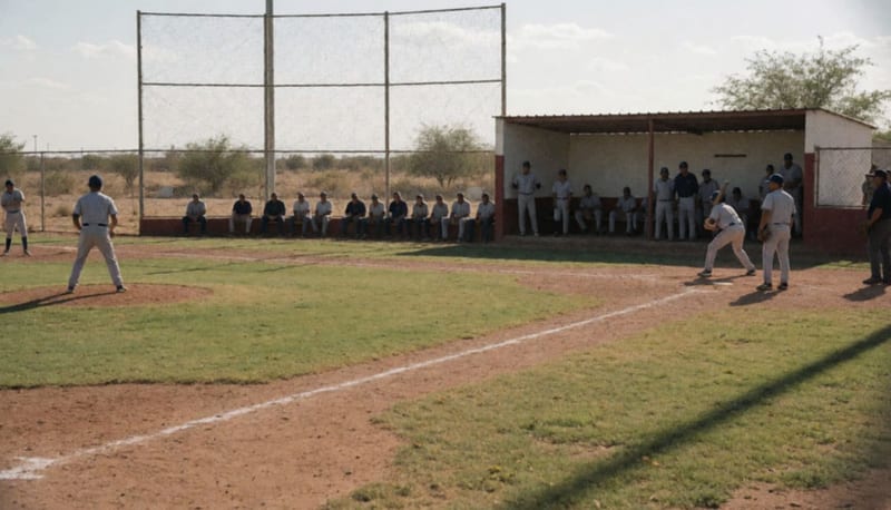 Jugadores en la cancha de béisbol durante un partido de la categoría máster en Parral
