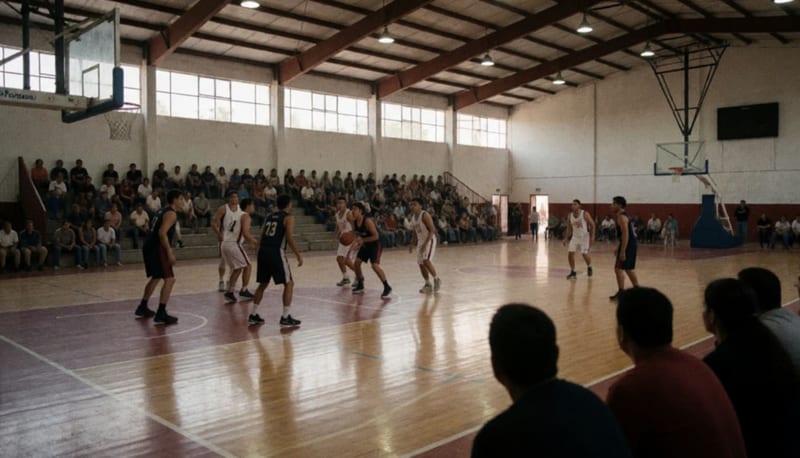 Jugadores disputando el balón en la cancha durante un encuentro de básquetbol dentro del gimnasio municipal
