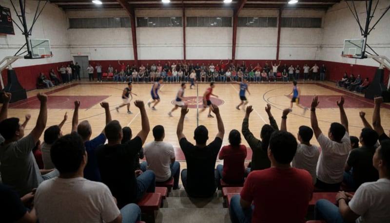 Aficionados en las gradas de un gimnasio observan a jugadores de baloncesto en movimiento sobre una cancha de duela