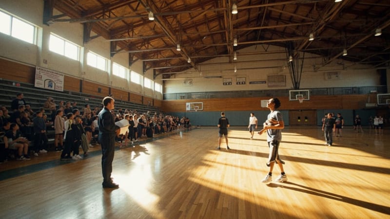 Interiores de un gimnasio municipal con cancha de baloncesto lista para el evento de presentación del equipo