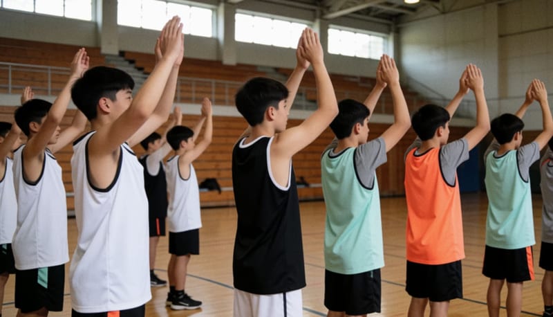 Jugadores de básquetbol vistiendo los nuevos uniformes sobre la duela de madera del gimnasio