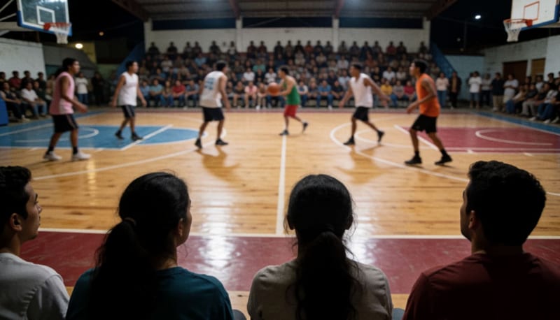 Cancha de basquetbol con jugadores en movimiento bajo las luces del gimnasio municipal
