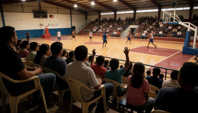 Aficionados sentados en las gradas de un gimnasio observan un partido de básquetbol sobre una cancha de duela