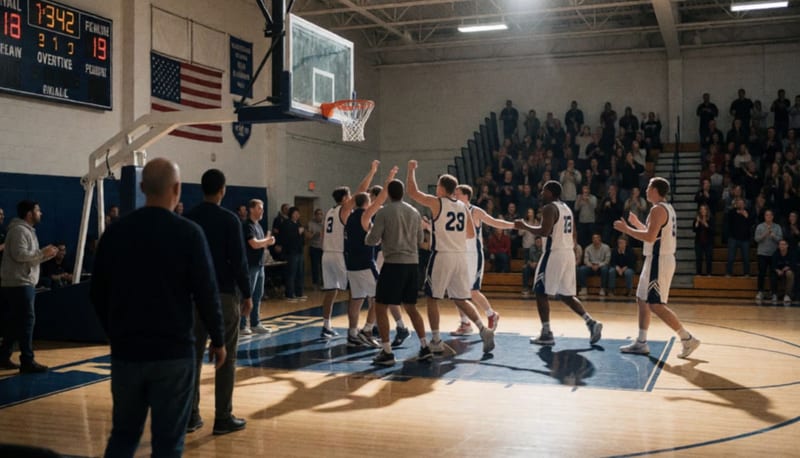 Jugadores de básquetbol celebrando una victoria en la cancha bajo luces de gimnasio