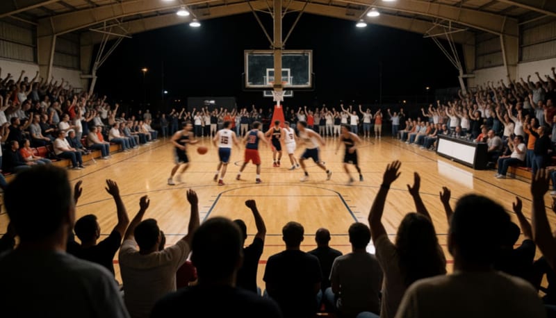 Jugadores de básquetbol en acción cerca del aro sobre una duela iluminada, vistos desde las gradas con aficionados animando