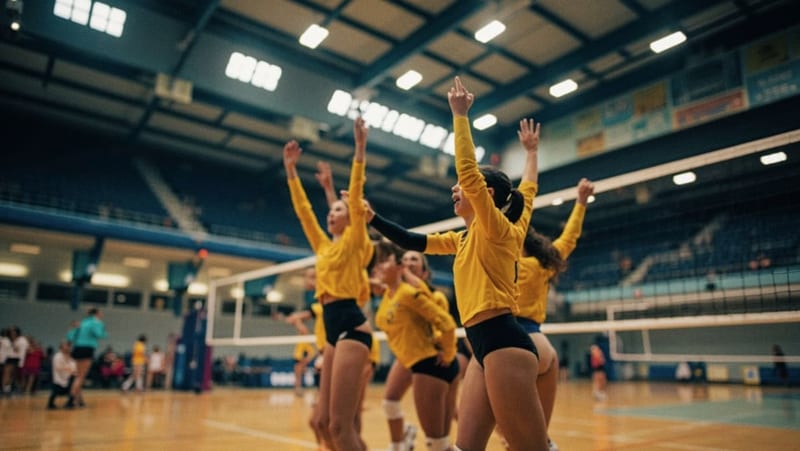 Jugadoras de voleibol celebrando una victoria dentro de una cancha techada del norte de México