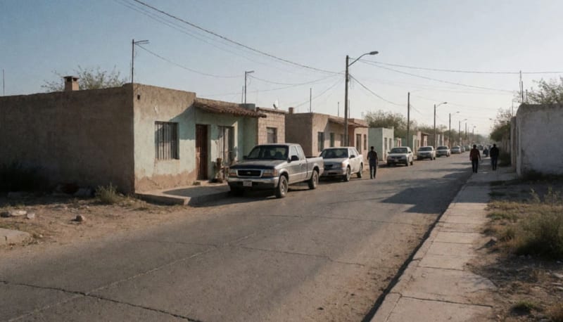 Calle residencial de una colonia en Parral con viviendas y vehículos estacionados al atardecer