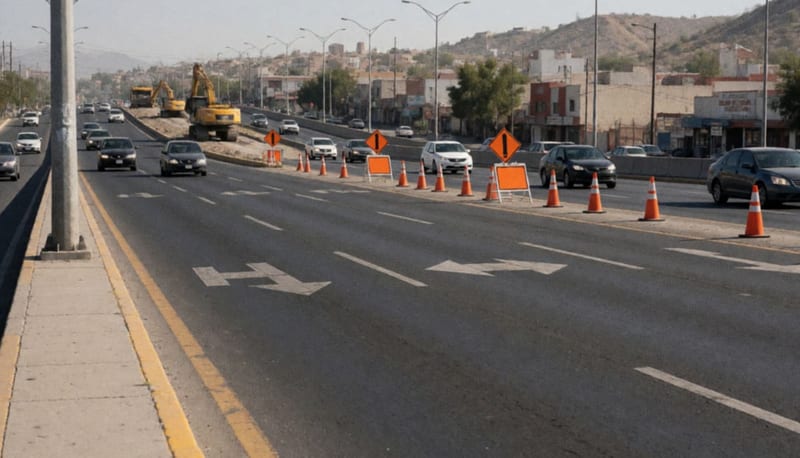 Carretera urbana con múltiples carriles y señalización temporal en construcción, cones de tránsito y vehículos circulando