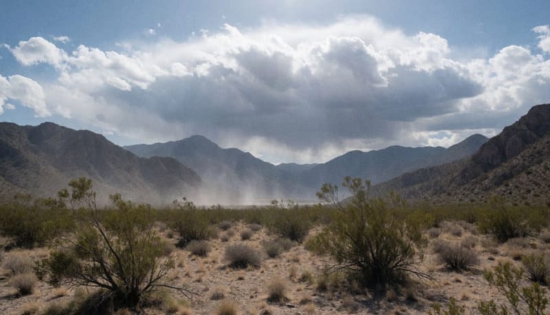 Cielo nublado sobre las sierras de Chihuahua con lluvia visible en la distancia y vientos agitando la vegetación del desierto