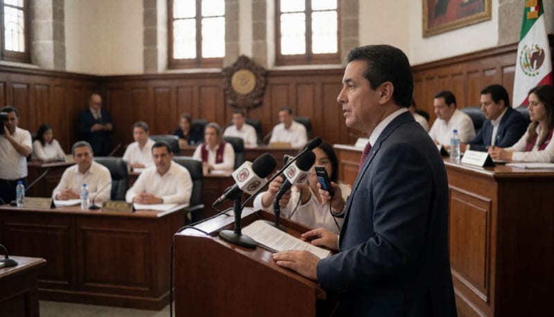 Conferencia de prensa de coordinador parlamentario ante micrófonos de medios de comunicación
