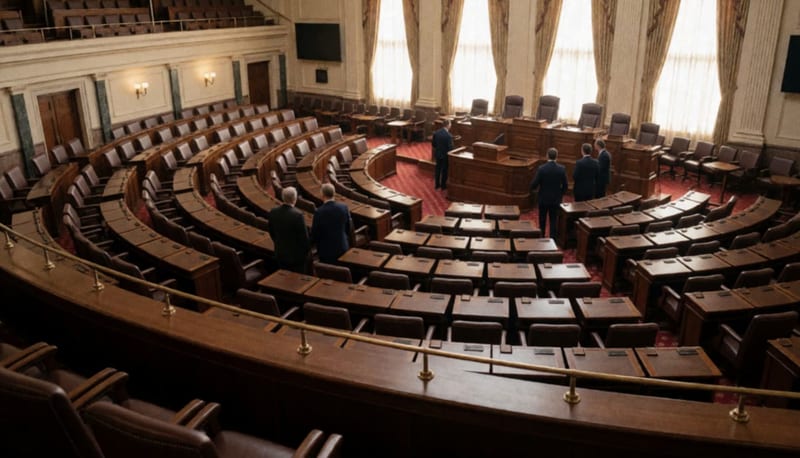 Salón de sesiones amplio visto desde la galería, con escritorios de madera vacíos en semicírculo y legisladores conversando a lo lejos